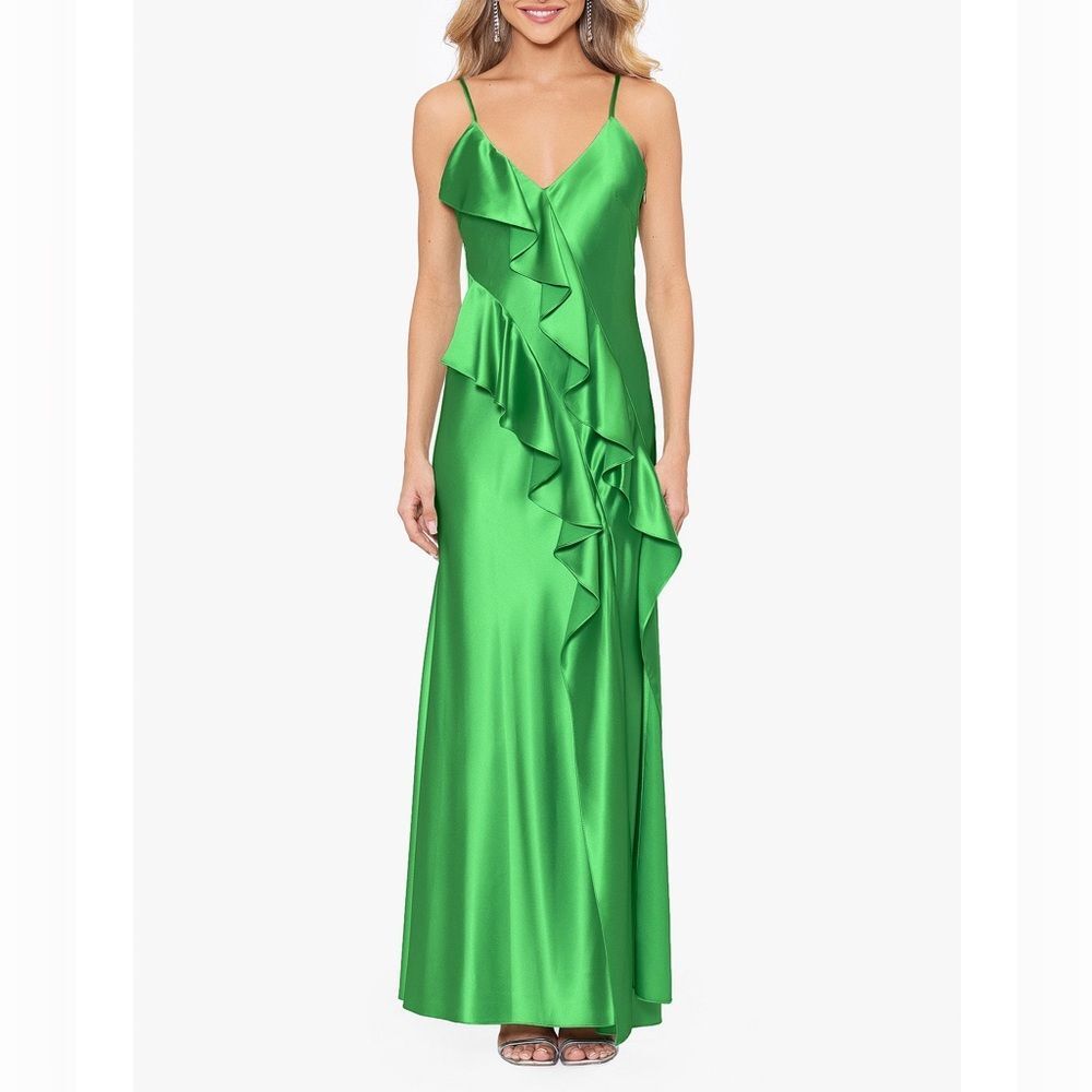 Betsy &‎ Adam FLAW | Bright Green V Neckline Sleeveless Cascading Ruffle Gown 10